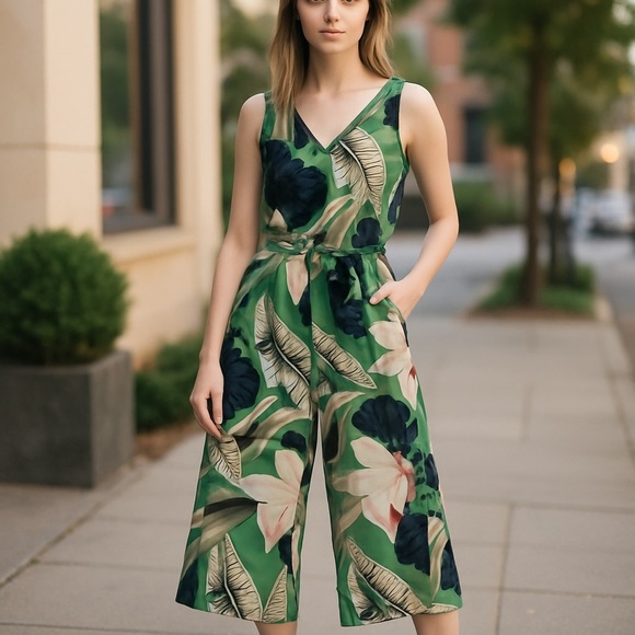 Elegant Floral Green Jumpsuit Tropical Flowers Crop Wide Leg Sleeveless Size 6 - Picture 1 of 10